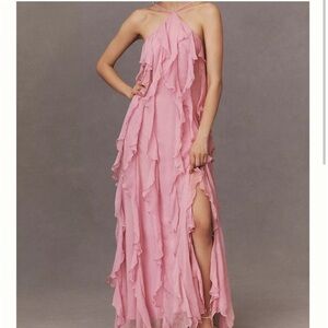 BHLDN Pink Ruffled Tiered Halter Maxi Dress
